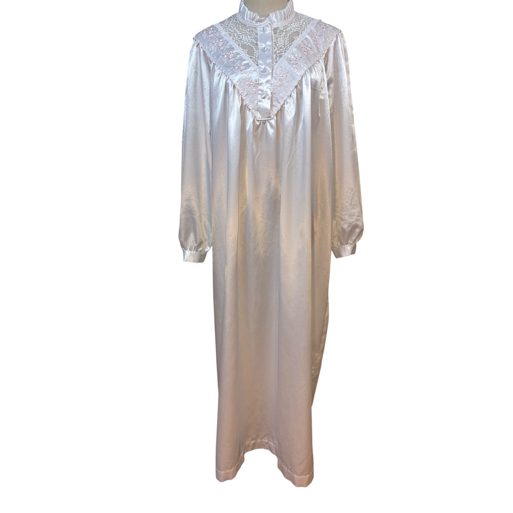 Vtg‎ 80s Nicole Traditional Nightgown maxi M White Lace Satin Flannel cottage